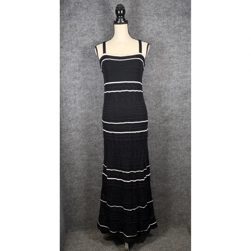 Abercrombie & Fitch Crochet Maxi Dress Womens M Black White Stripe Beach Resort
